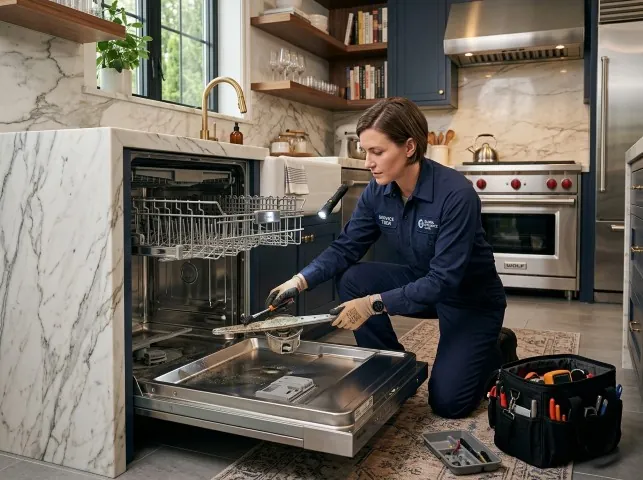 Appliance Repair Hero technician servicing a built-in dishwasher in a Arena, WI kitchen