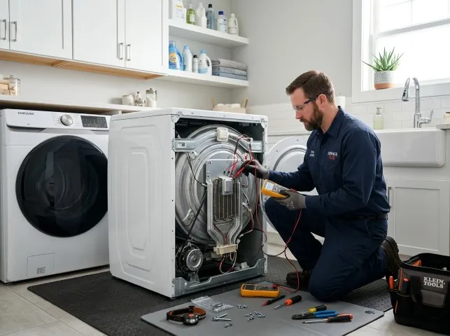 Appliance Repair Hero technician checking a dryer heating element with the rear panel off in Arena, WI