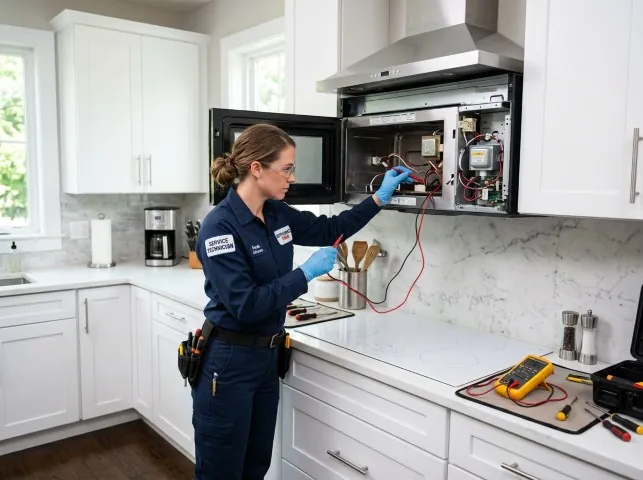 Appliance Repair Hero technician testing an over-the-range microwave in a Arena, WI kitchen