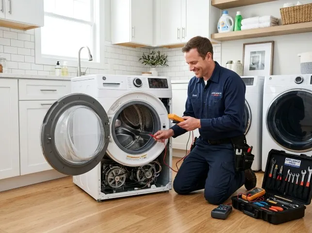 Appliance Repair Hero technician testing a front-load washer with a multimeter on a Arena, WI service call